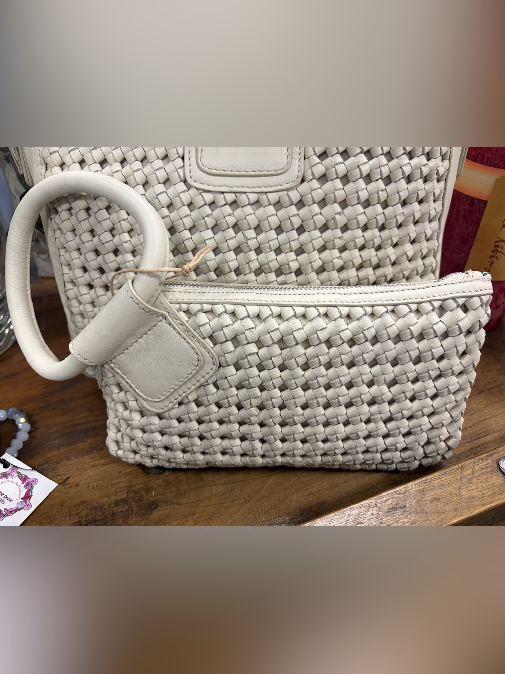 HOBO Sable Wristlet Cream Woven Ring-Handle Wristlet